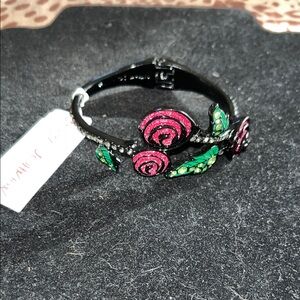 Betsey Johnson Black Bracelet with Pink and Green Floral Accents